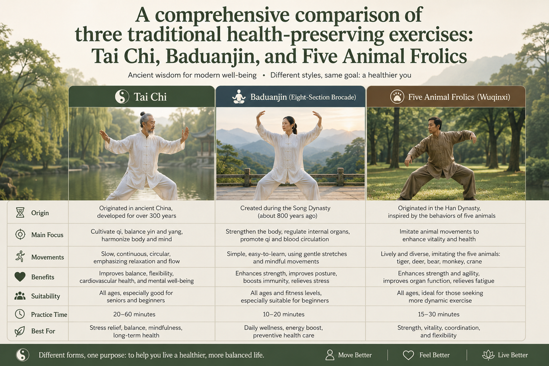 A comprehensive comparison of three traditional health-preserving exercises: Tai Chi, Baduanjin, and Five Animal Frolics