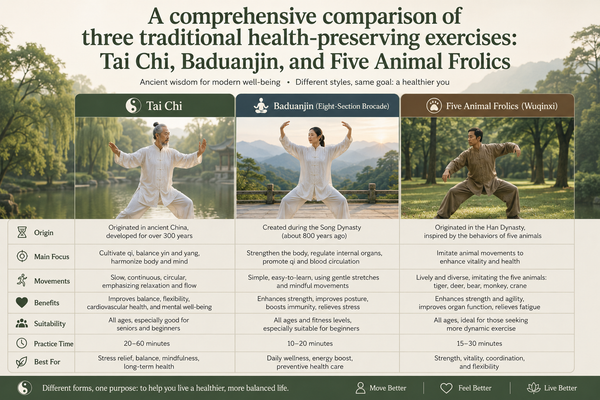 A comprehensive comparison of three traditional health-preserving exercises: Tai Chi, Baduanjin, and Five Animal Frolics